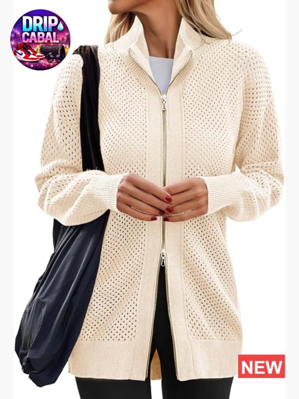Oversized Drop Shoulder Turtleneck Zip Up Cardigan Sweater Mesh Knit Long